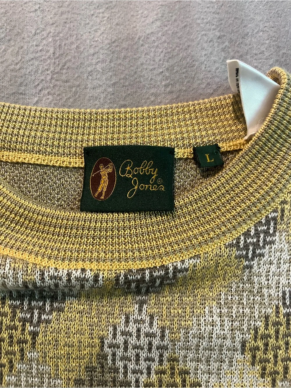 Bobby Jones Yellow and Gray Argyle Crewneck Sweater